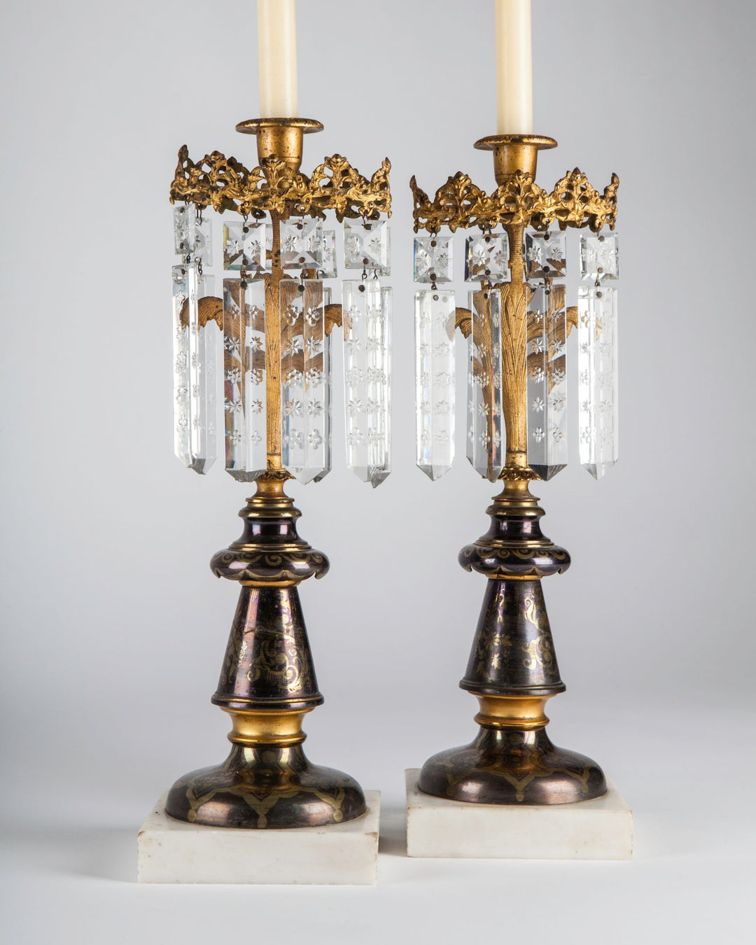 Brass and Marble Candelabra with Crystal Prisms | Vintage