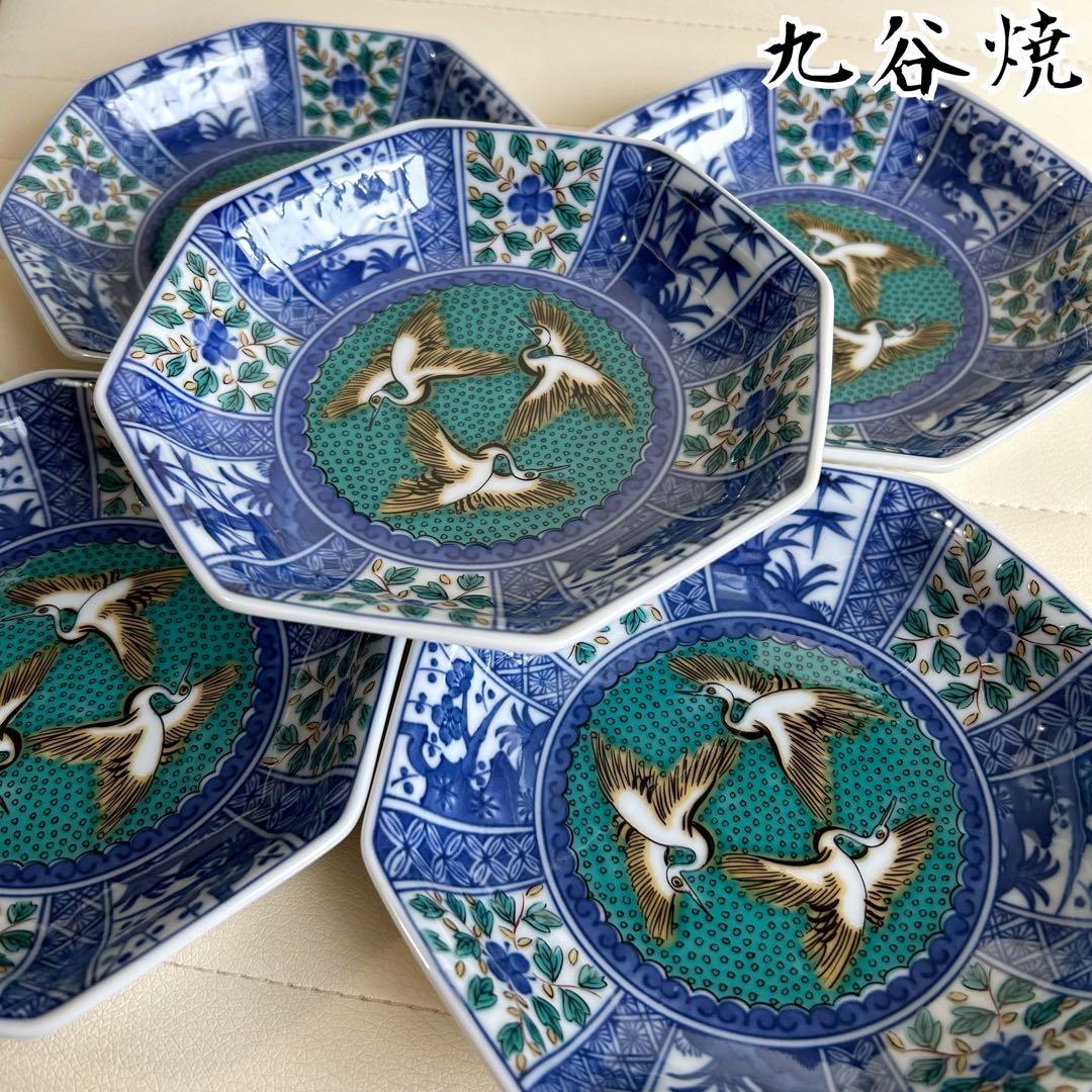 九谷焼　青郊窯　中皿揃　5枚セット　八角皿　染付花鳥　深皿　取り皿　和食器　青手 九谷焼 青郊窯 中皿揃 5枚セット 八角皿 染付花鳥 深