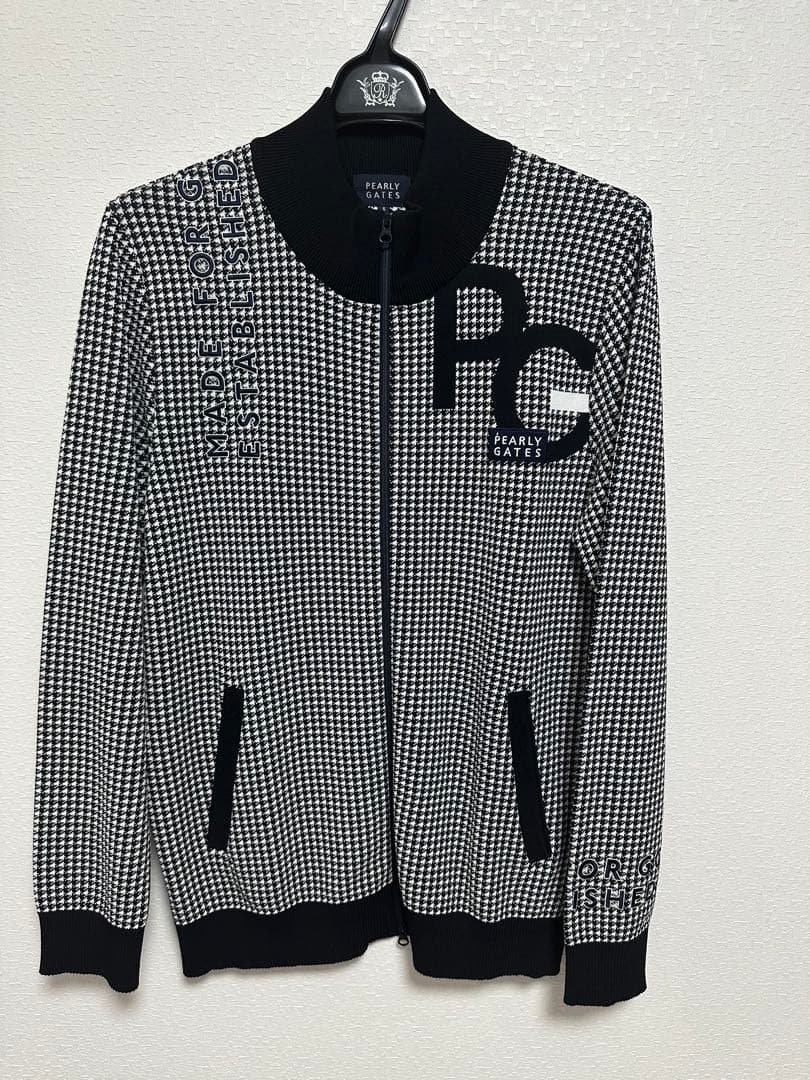 【美品】Lサイズ PEARLY GATES メンズ ニットジップアップ 千鳥柄 美品】パーリーゲイツ セーター 白×ネイビー 千鳥格子 カシミヤ混