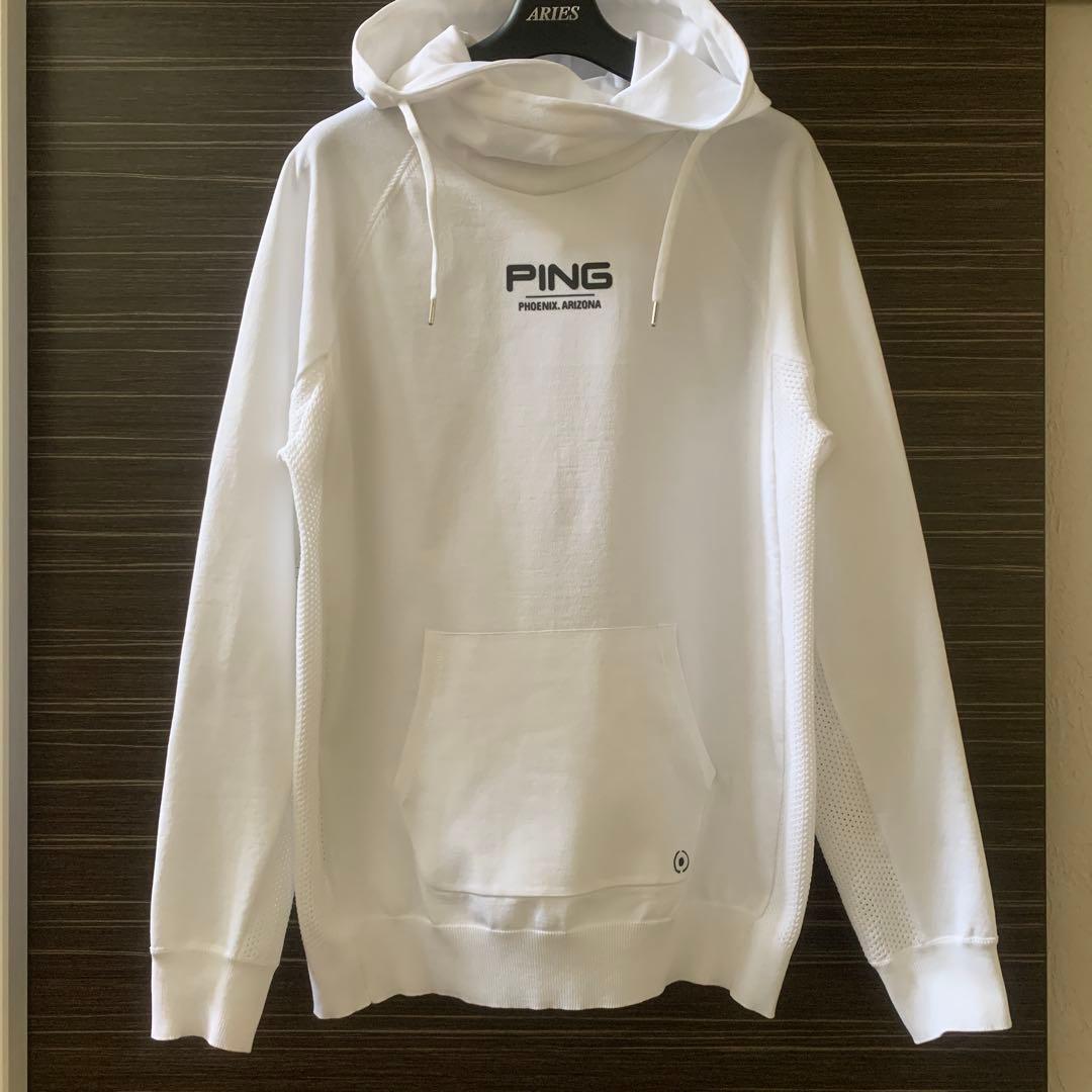 【美品】PING ホワイトフーディ メンズ　　パーカー　M PING（ピン） パフォーマンスライン 全方向ストレッチ 裏起毛